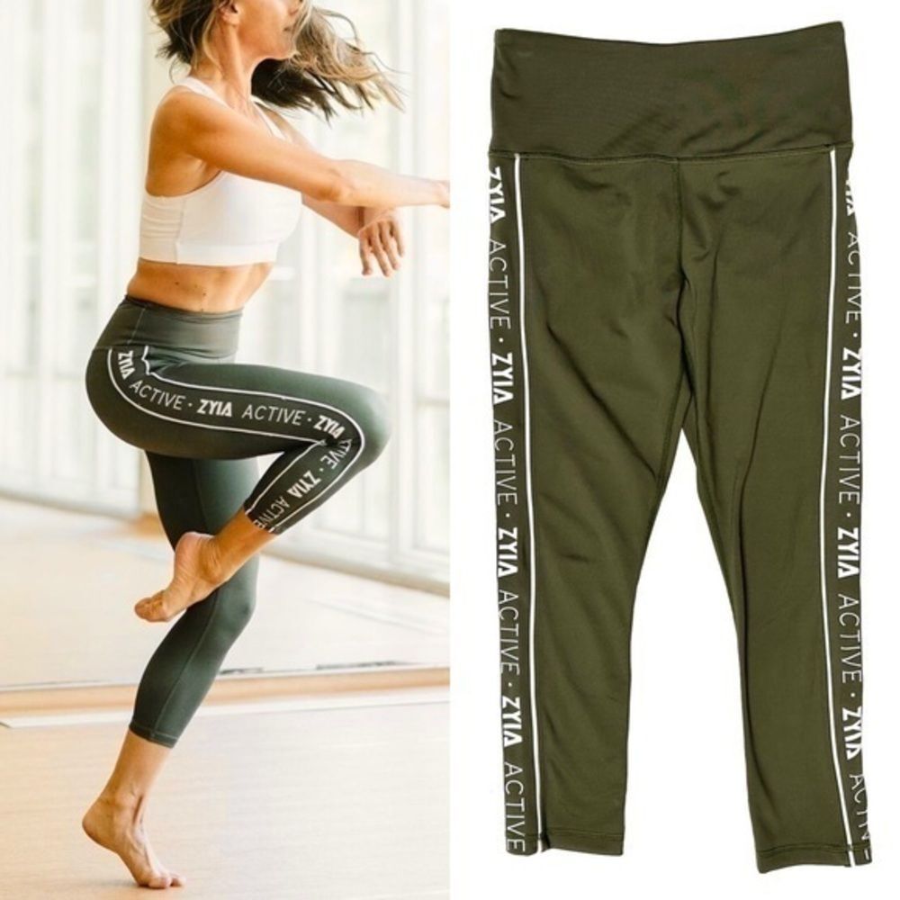 Zyia Olive Logo Stripe Light n Tight Hi-Rise 7/8 Length Active Leggings Size 2